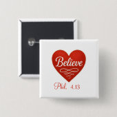 赤と白のハートが描かれた「Believe(信じる)」 缶バッジ (正面&裏面)
