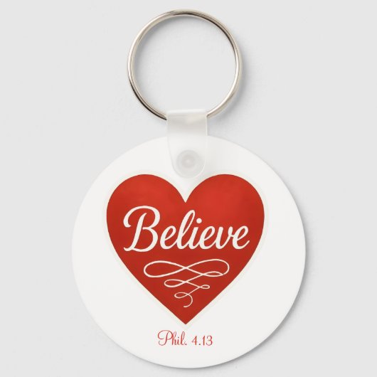 赤と白のハートにBelieve キーホルダー (正面)