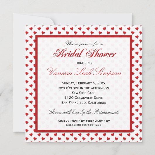 赤と白のハートのブライダルシャワーの招待状 招待状 (裏面)
