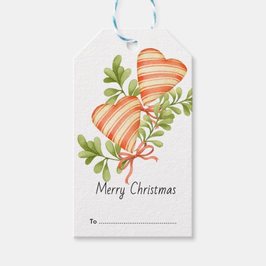 赤と白のハートストライプのカントリークリスマス ギフトタグ (正面)