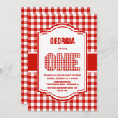 赤と白のバフロー・プレイド 1歳の誕生日パーティー 招待状 (正面/裏面)