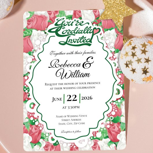 赤と白のバラのウェディング招待状 - 緑のヘッディング2 招待状
