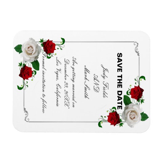 赤と白のバラのクリスマスウェディング日付を保存 マグネット (横)