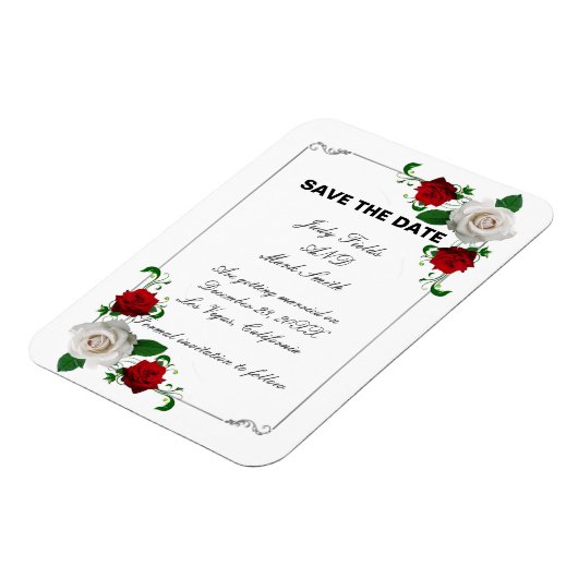 赤と白のバラのクリスマスウェディング日付を保存 マグネット (左側)