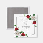 赤と白のバラのクリスマスウェディング日付を保存 マグネット (正面/裏面)