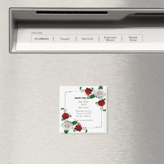 赤と白のバラのクリスマスウェディング日付を保存 マグネット (インサイチュ (食洗機))