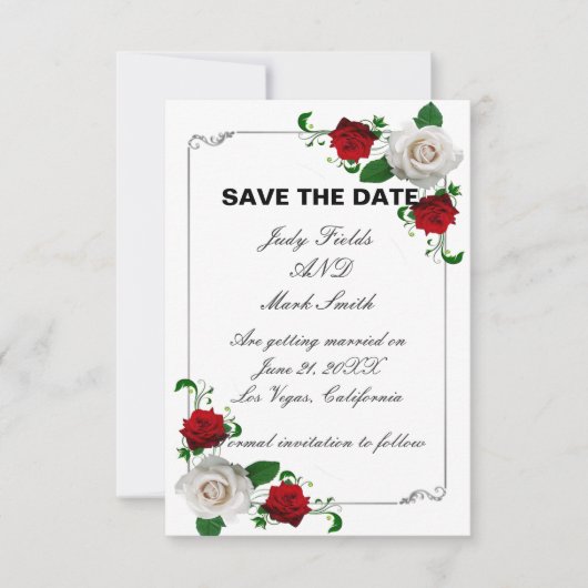 赤と白のバラのクリスマスウェディング日付を保存 案内状 (正面)