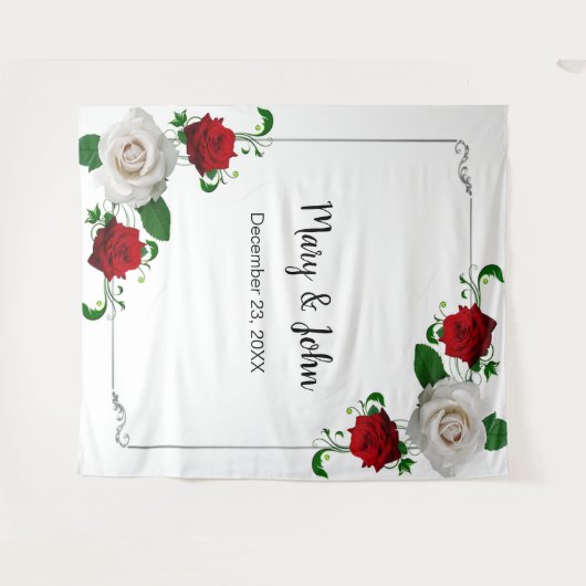 赤と白のバラのクリスマス結婚の写真の背景 タペストリー (正面(横))