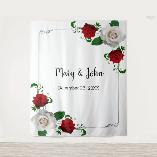 赤と白のバラのクリスマス結婚の写真の背景 タペストリー (正面)