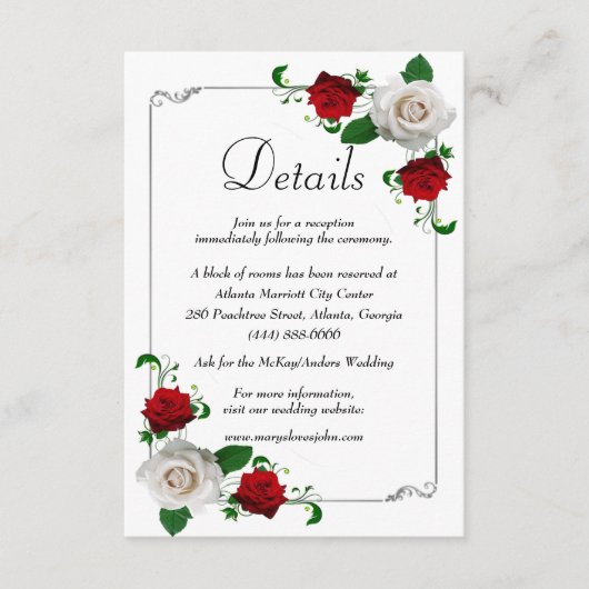 赤と白のバラのクリスマス結婚詳細 エンクロージャーカード (正面)