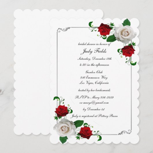 赤と白のバラのクリスマス ウェディング ブライダルシャワー 招待状 (正面/裏面)