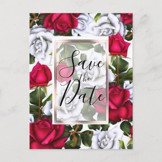 赤と白のバラ シャビー シック グラム セーブ・ザ・デート 案内ポストカード (正面)