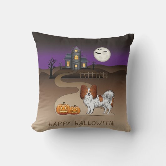 赤と白のパピヨンとハロウィンのお化け屋敷 クッション (正面)