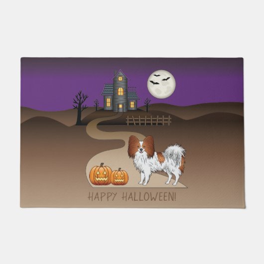 赤と白のパピヨンとハロウィンのお化け屋敷 ドアマット (正面)