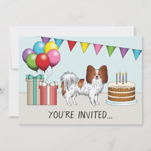 赤と白のパピヨンの犬のカラフルな誕生日 招待状 (正面)