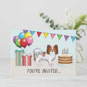 赤と白のパピヨンの犬のカラフルな誕生日 招待状 (スタンド正面)