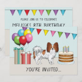 赤と白のパピヨンの犬のカラフルな誕生日 招待状 (正面/裏面)
