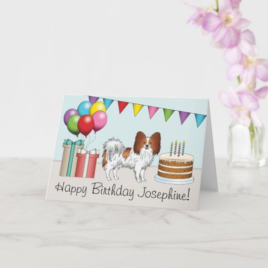赤と白のパピヨン犬のカラフルな誕生日 カード (蘭)