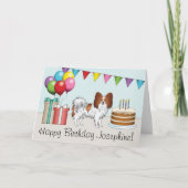 赤と白のパピヨン犬のカラフルな誕生日 カード (正面)
