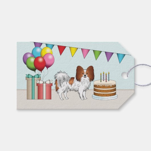 赤と白のパピヨン犬のカラフルな誕生日 ギフトタグ (正面(横))