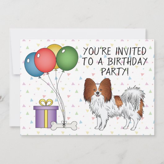 赤と白のパピヨン かわいい犬 - お誕生日おめでとう 招待状 (正面)