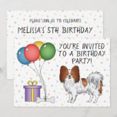 赤と白のパピヨン かわいい犬 - お誕生日おめでとう 招待状 (正面/裏面)