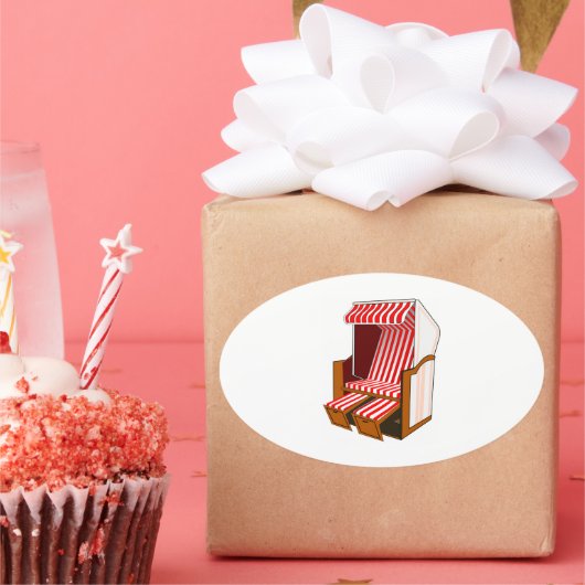 赤と白のビーチチェアテーマシール 楕円形シール (パーティー)