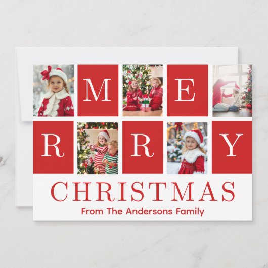 赤と白のフェスティバルメリークリスマス5つの写真 シーズンカード (正面)
