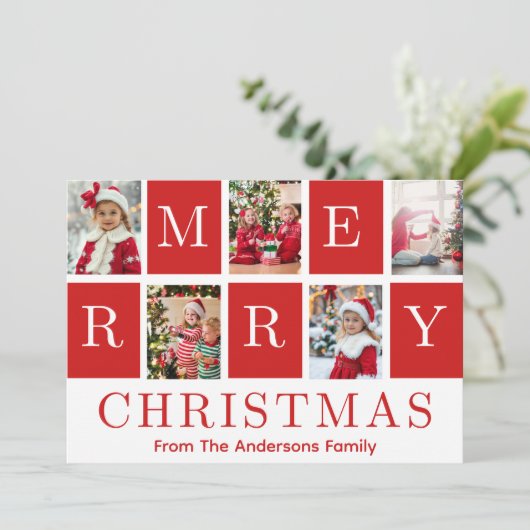 赤と白のフェスティバルメリークリスマス5つの写真 シーズンカード (スタンド正面)