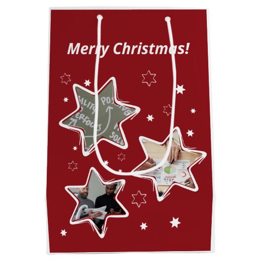 赤と白のフォトカスタムスタークリスマス ミディアムペーパーバッグ (裏面)