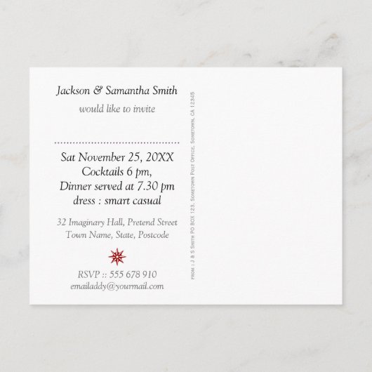 赤と白のフラクタルレースのディナー会招待状 インビテーションポストカード (裏面)