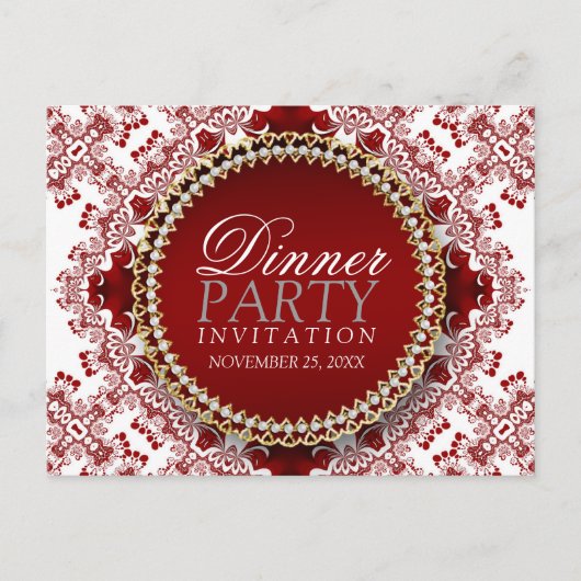 赤と白のフラクタルレースのディナー パーティーの招待状 インビテーションポストカード (正面)