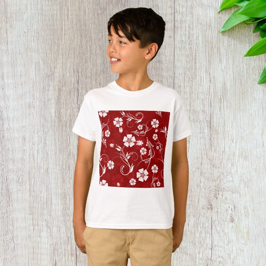 赤と白のフラワーパターン Tシャツ