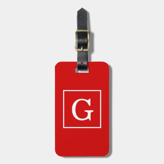 赤と白のフレーム入りイニシャルモノグラム ラゲッジタグ (正面縦)