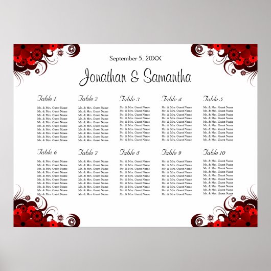 赤と白のフローラ10結婚のテーブル座席表 ポスター (正面)