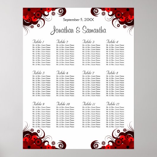赤と白のフローラ12結婚のテーブルの座席表 ポスター (正面)