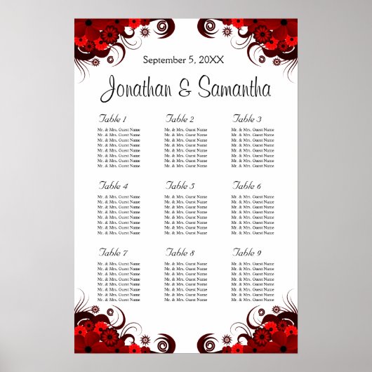 赤と白のフローラ9結婚のテーブルの座席表 ポスター (正面)