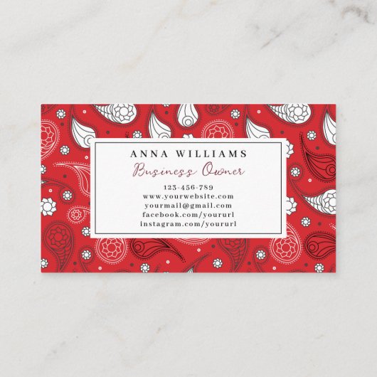 赤と白のペイズリーバンダナパターンパーソナライズ 名刺 (裏面)