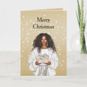 赤と白のボケドット クリスマスの黒人女性 カード (正面)