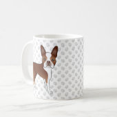 赤と白のボストンテリアのキャラクターデザインの犬と足跡 コーヒーマグカップ (正面左)