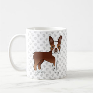 赤と白のボストンテリアのキャラクターデザインの犬と足跡 コーヒーマグカップ