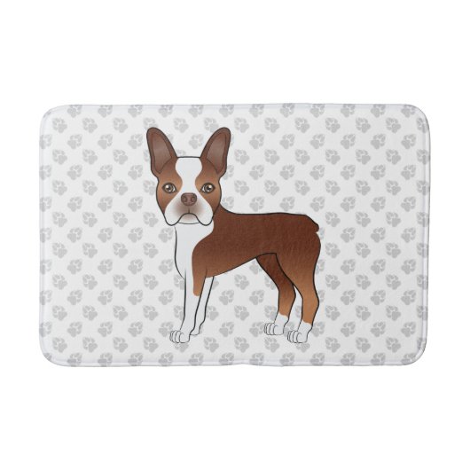 赤と白のボストンテリアのキャラクターデザインの犬と足跡 バスマット (正面)