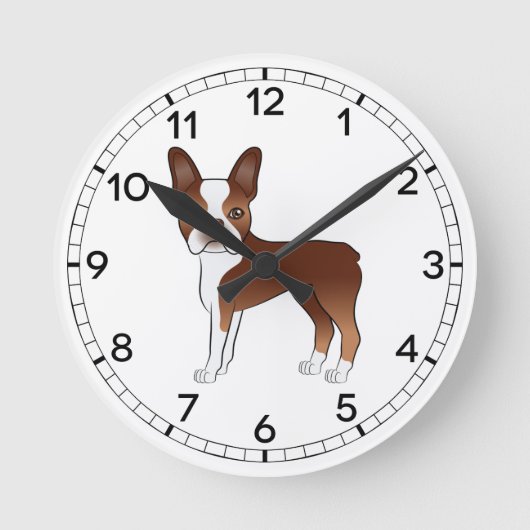 赤と白のボストンテリアの犬のイラスト ラウンド壁時計 (正面)