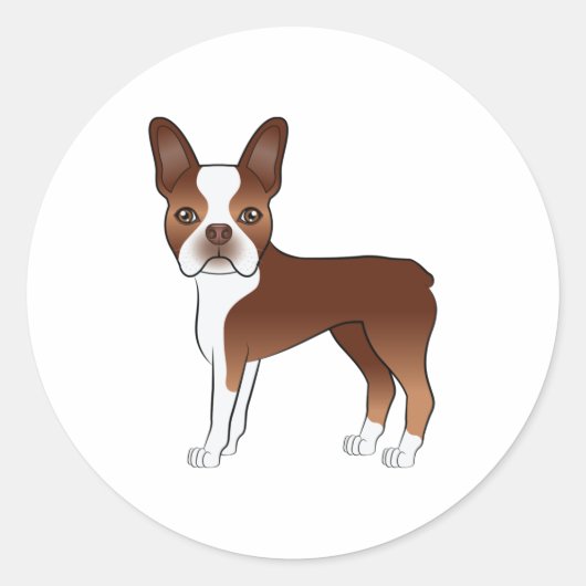 赤と白のボストンテリア犬のイラスト ラウンドシール (正面)