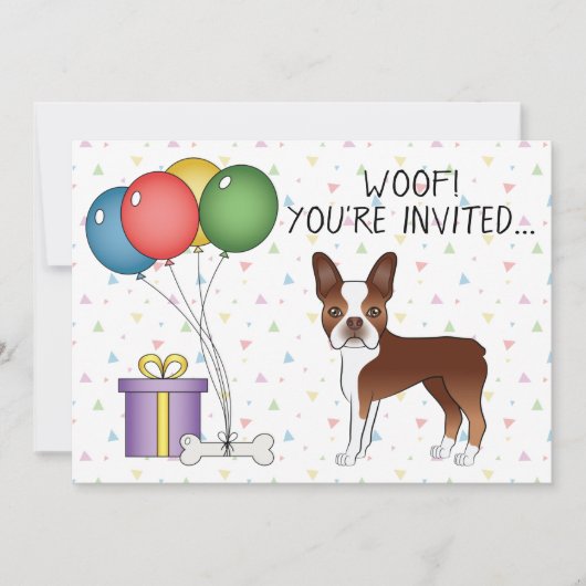 赤と白のボストンテリア かわいい犬 - 誕生日 招待状 (正面)