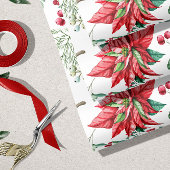 赤と白のポインセチア、ベリー、ホリークリスマス ラッピングペーパー