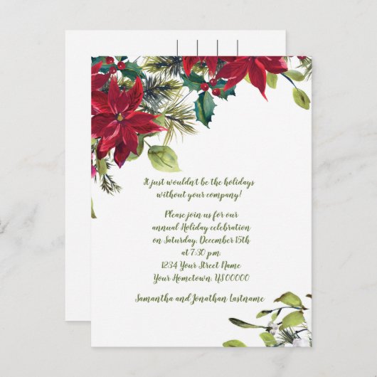 赤と白のポインセティアホリークリスマスパーティー インビテーションポストカード (正面/裏面)