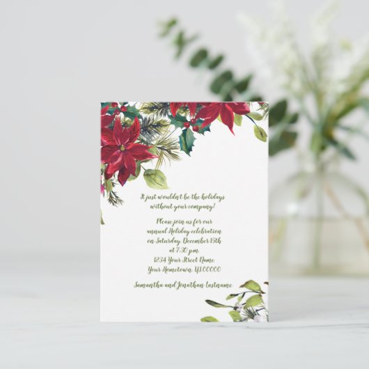 赤と白のポインセティアホリークリスマスパーティー インビテーションポストカード (スタンド正面)