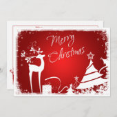 赤と白のメリークリスマスツリー&鹿のフォトカード シーズンカード (正面/裏面)