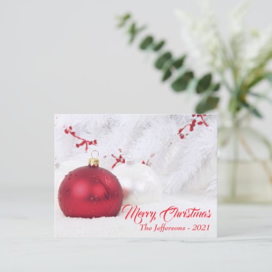 赤と白のメリークリスマスボールオーナメント ポストカード (スタンド正面)